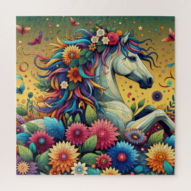 Pretty Whimsical Colourful Flowers and White Horse Jigsaw Puzzle (Vertical)