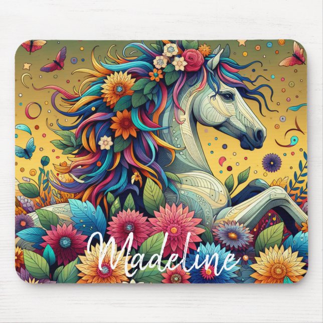 Pretty Whimsical Colourful Flowers and White Horse Mouse Pad (Front)
