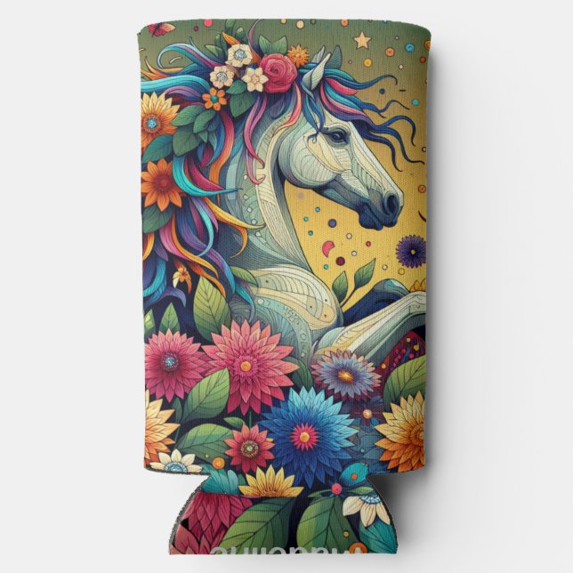 Pretty Whimsical Colourful Flowers and White Horse Seltzer Can Cooler (Back)