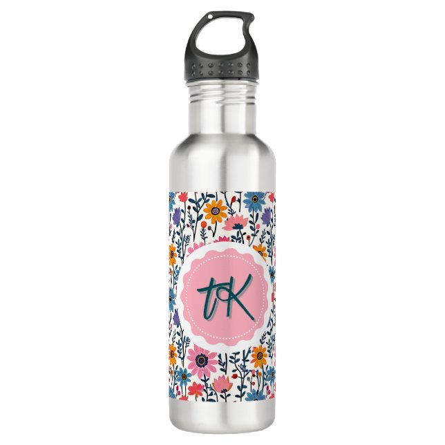 Pretty Whimsical Colourful Flowers Monogrammed 710 Ml Water Bottle (Front)