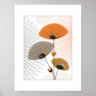 Pretty Whimsical Flowers Orange Black Picture Poster