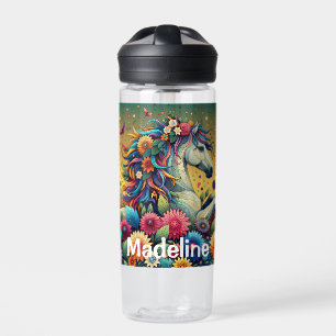 Pretty Whimsical Horse in Colourful Flowers Water Bottle