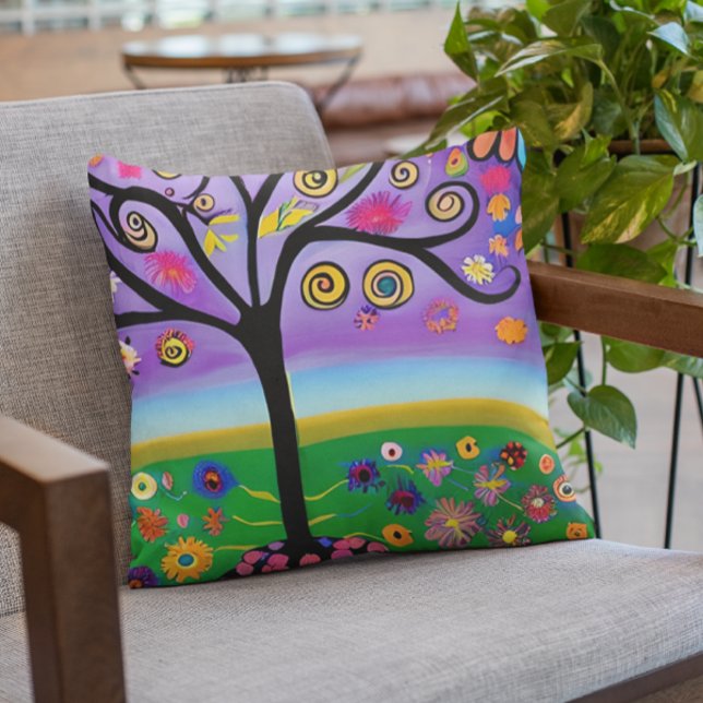 Pretty Whimsical Tree Folk Art Ai  Generated Art Cushion (Creator Uploaded)