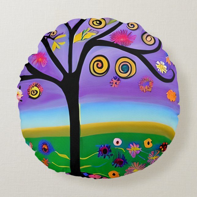 Pretty Whimsical Tree Folk Art Ai  Generated Art Round Cushion (Front)