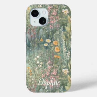 Pretty Whimsical Wildflower Garden Custom Name iPhone 15 Case