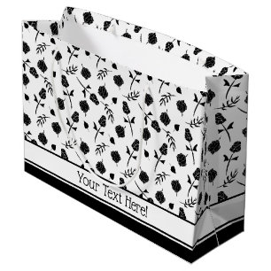 Pretty White and Black Roses Rosebud Floral Print Large Gift Bag