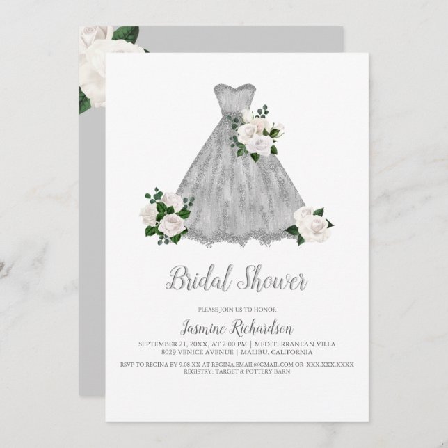 Pretty White and Silver Bridal Shower Invitation (Front/Back)