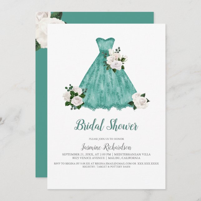 Pretty White and Teal Bridal Shower Invitation (Front/Back)