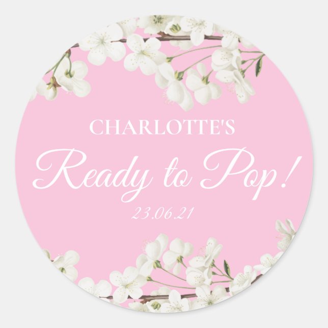 Pretty White Blossom Pink Ready to Pop Baby Shower Classic Round Sticker (Front)