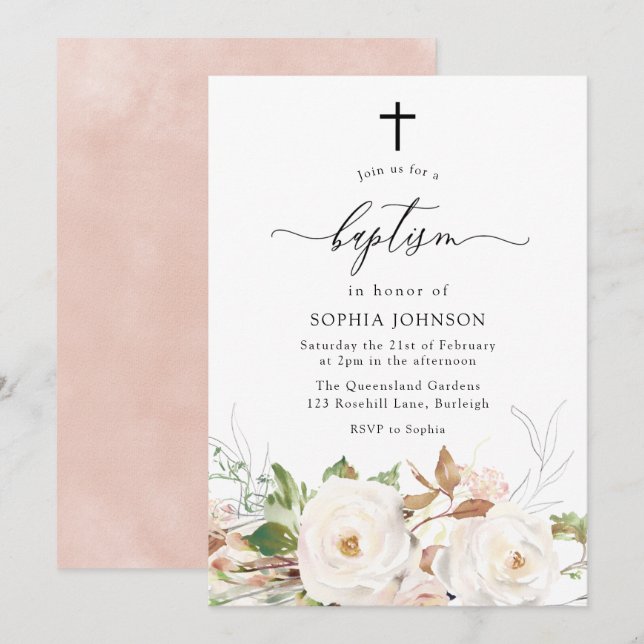 Pretty White Blush Watercolor Floral Girls Baptism Invitation (Front/Back)