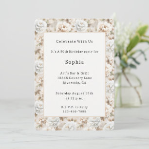 Pretty White Brown Floral Birthday Invitation