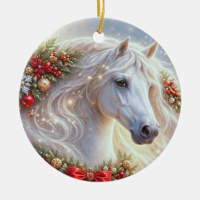 Pretty White Christmas Horse Ceramic Tree Decoration (Front)