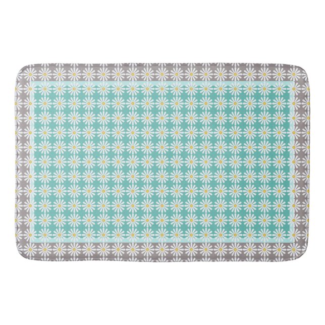 Pretty white daisies on bluegreen and grey border bath mat (Front)