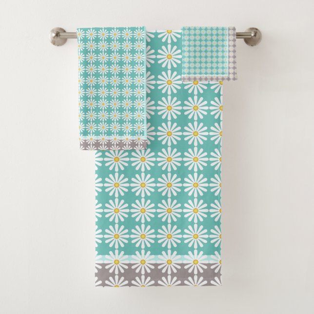 Pretty white daisies on bluegreen and grey border bath towel set (Insitu)