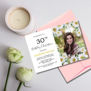 Pretty White Daisy Floral Greenery Photo Birthday Invitation