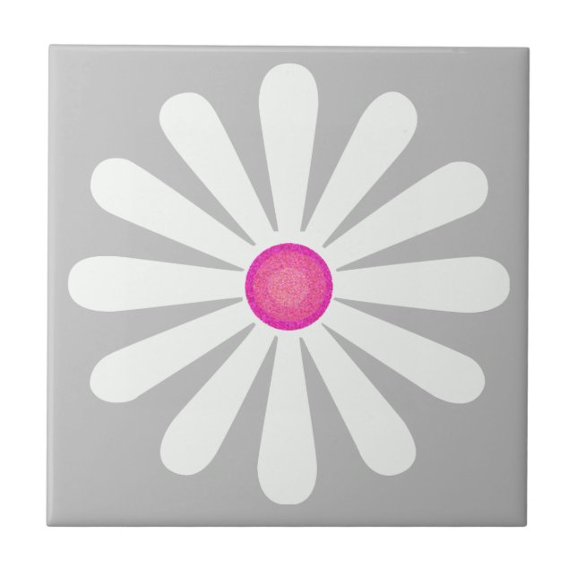 Pretty White daisy with pink centre on silver Tile (Front)