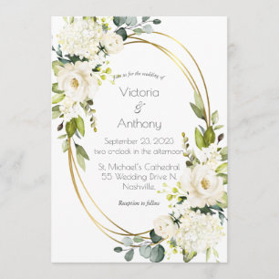 Pretty White Floral Gold Frame Modern Wedding  Invitation