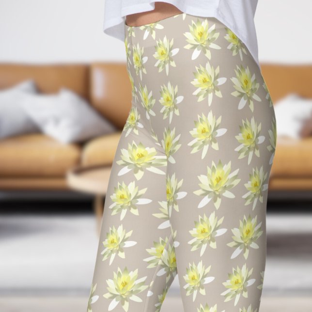 Pretty White Floral Pale Bloom Pattern Leggings (Pale Bloom on Antique White)