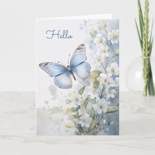 Pretty White Flowers and Blue Butterfly Hello Card (Front)