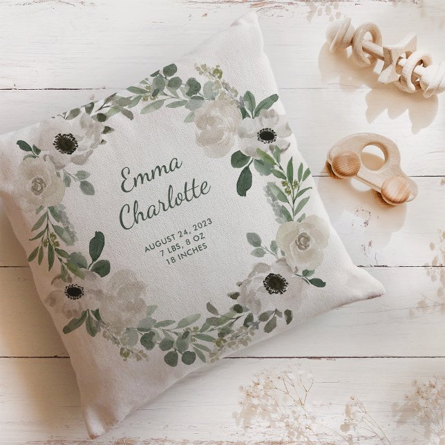Pretty White Flowers and Greenery Baby Birth Stats Cushion (A pretty white floral pillow with your newborn baby's birth stats)
