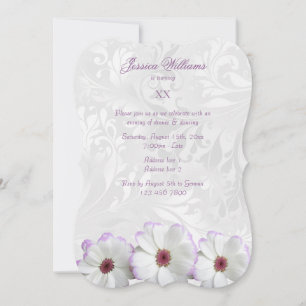 Pretty White Flowers & Damask Birthday Party Invitation