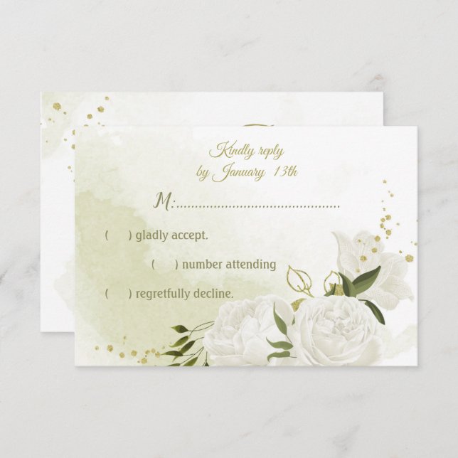 pretty white flowers green leaves botanical RSVP card (Front/Back)