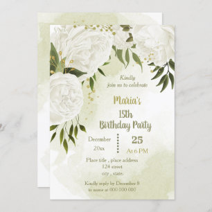 pretty white flowers greenery birthday party invitation