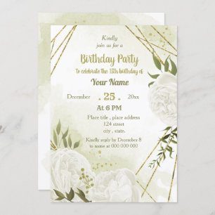 pretty white flowers greenery birthday party invitation
