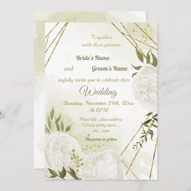 pretty white flowers greenery geometric wedding invitation (Front/Back)