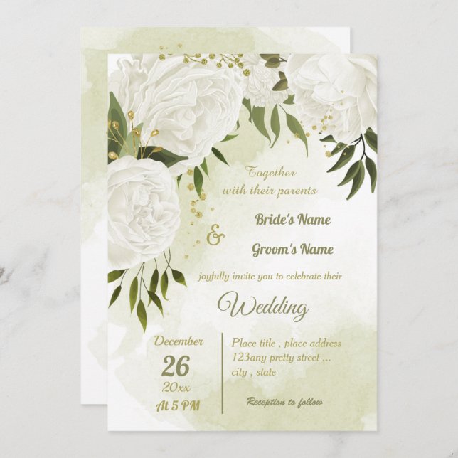 pretty white flowers greenery geometric wedding invitation (Front/Back)