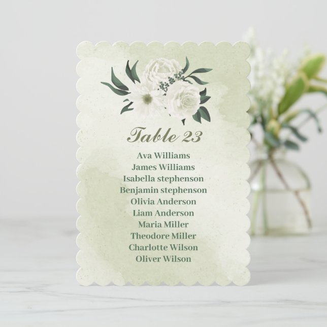 Pretty white flowers greenery seating chart card (Standing Front)