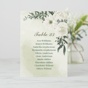 Pretty white flowers greenery seating chart card