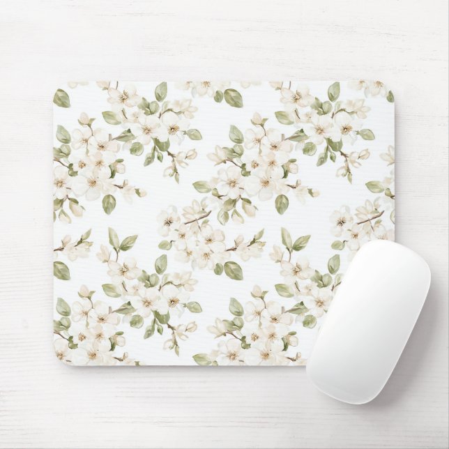Pretty White Flowers Mouse Pad (With Mouse)