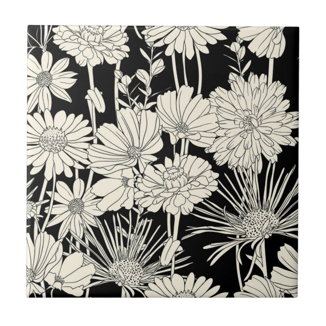 Pretty White Flowers on Black Background Tile (Front)