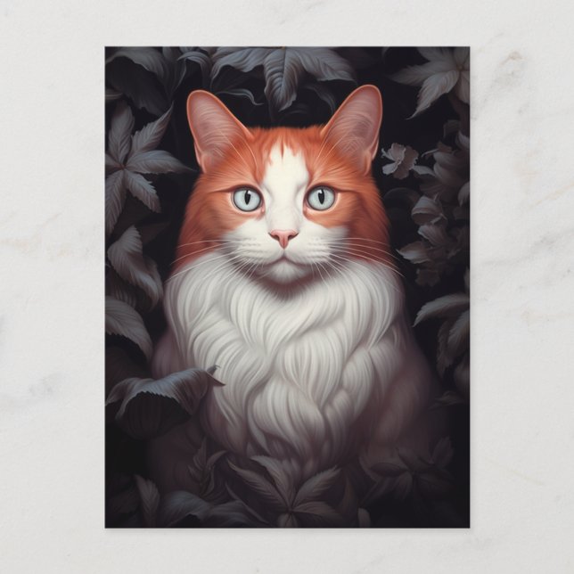 Pretty White Ginger Cat Among Leaves Postcard (Front)