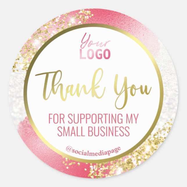 Pretty White Glitter Pink And Gold Thank You Logo Classic Round Sticker (Front)