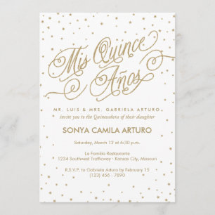 Pretty White & Gold Stars Quinceañera Party Invitation