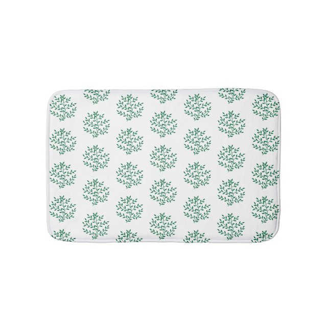 Pretty White Green Leaf Pattern Botanical Nature Bath Mat (Front)