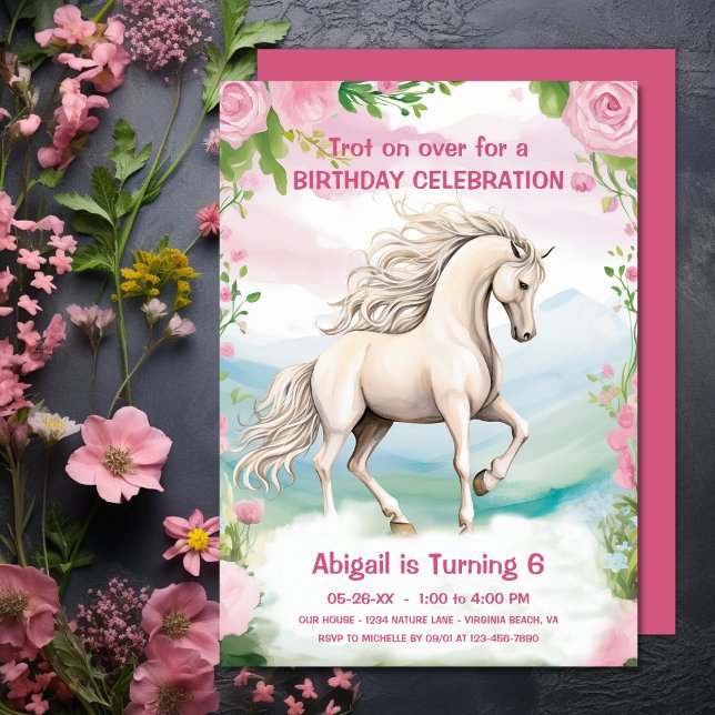 Pretty White Horse and Pink Flowers Birthday Invitation (Pretty White Horse and Pink Flowers Birthday Invitation)