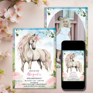 Pretty White Horse and Pink Flowers Photo Birthday Invitation