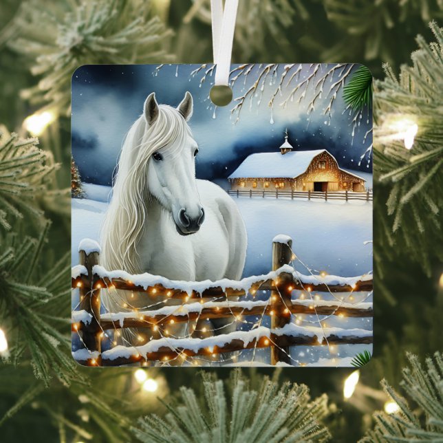 Pretty White Horse Farm Christmas Personalised Metal Tree Decoration (Insitu)