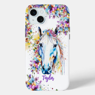 Pretty White Horse Floral Personalised iPhone 15 Plus Case