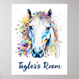 Pretty White Horse Floral Personalised  Poster