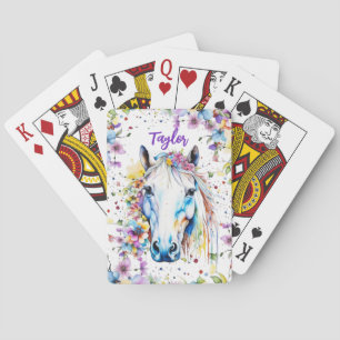 Pretty White Horse Floral Personalised Sketchbook Playing Cards