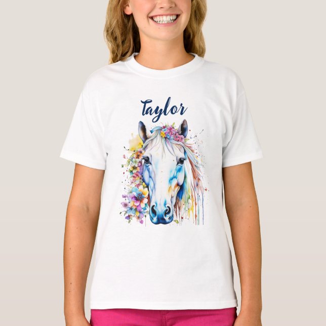 Pretty White Horse Floral Personalised  T-Shirt (Front)