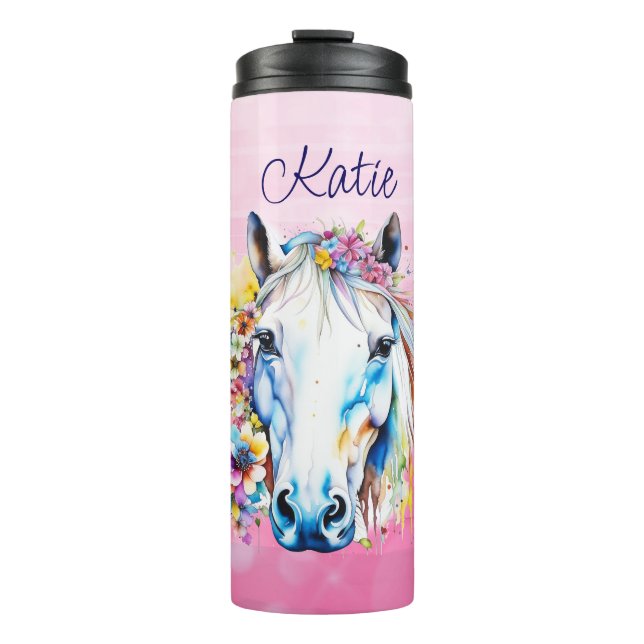 Pretty White Horse Floral Personalised  Thermal Tumbler (Front)