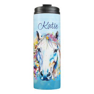 Pretty White Horse Floral Personalised  Thermal Tumbler