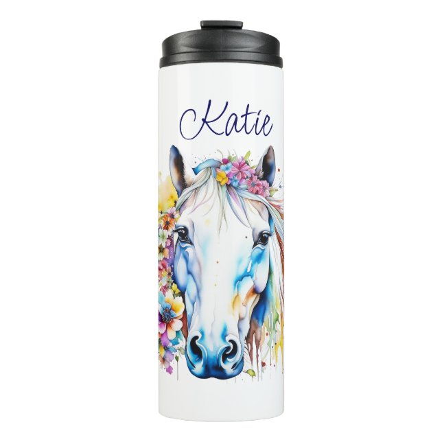 Pretty White Horse Floral Personalised  Thermal Tumbler (Front)