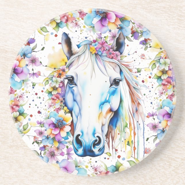 Pretty White Horse Floral Purple and Pink Coaster (Front)