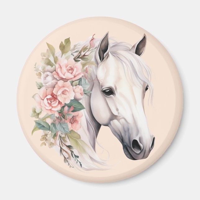 Pretty White Horse Pink Flowers Elegant Whimsical Magnet (Front)